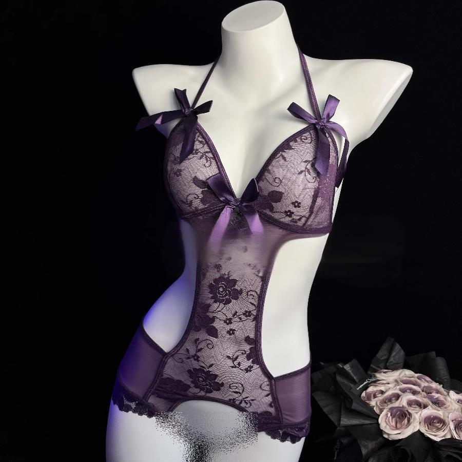 Image of Ge Meng erotic lingerie pure desire lace jumpsuit sexy open crotch free temptation small breasts uniform pajama girl