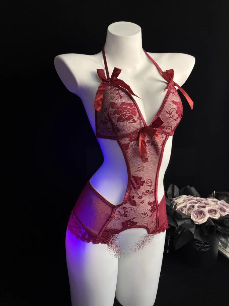 Image of Ge Meng erotic lingerie pure desire lace jumpsuit sexy open crotch free temptation small breasts uniform pajama girl