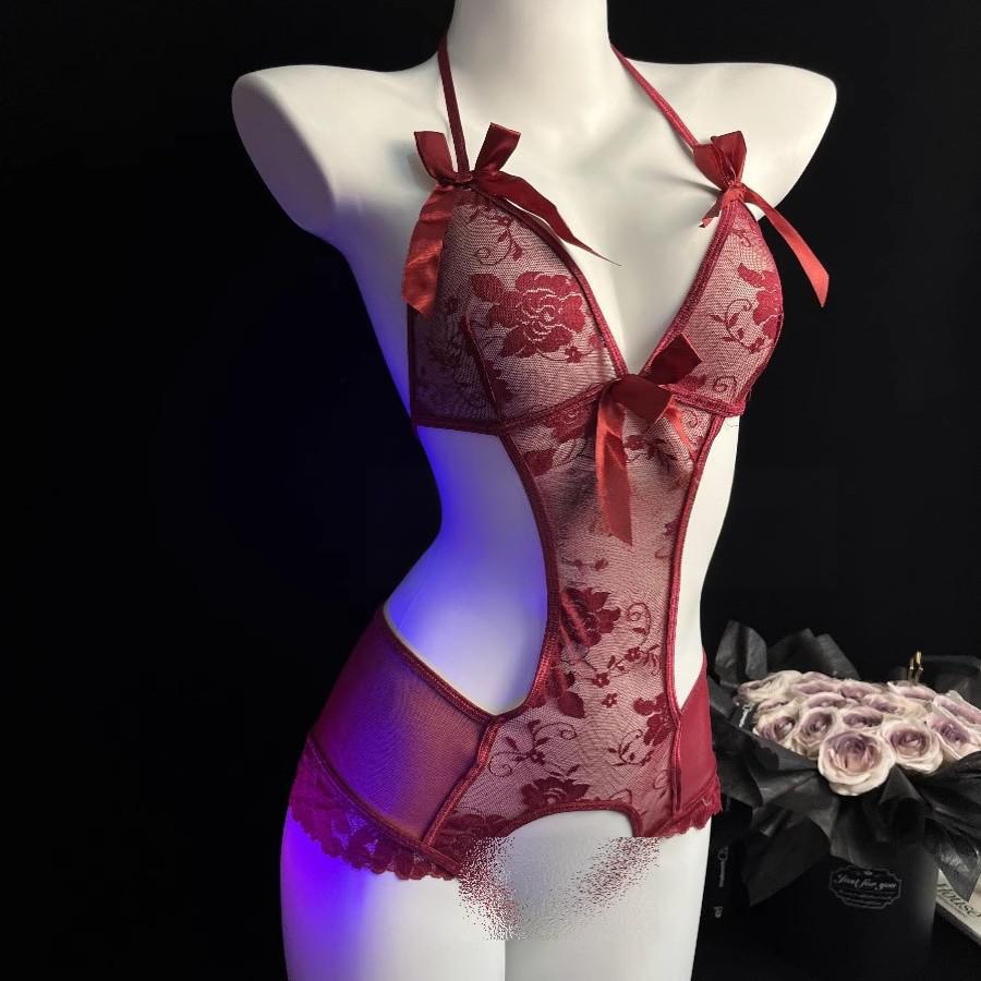Image of Ge Meng erotic lingerie pure desire lace jumpsuit sexy open crotch free temptation small breasts uniform pajama girl