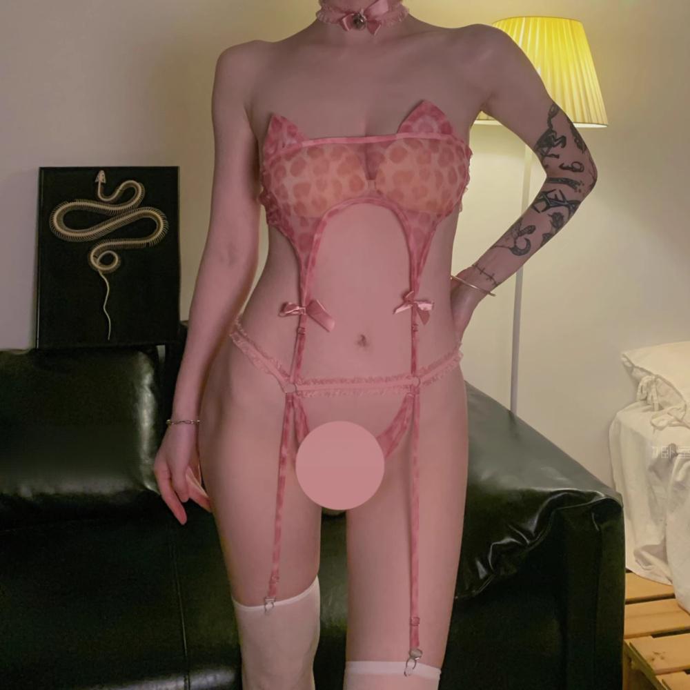 Image of Ge Meng erotic underwear sexy pink leopard print uniform female pure desire cat bandeau bodysuit openwork set ny - Sexy