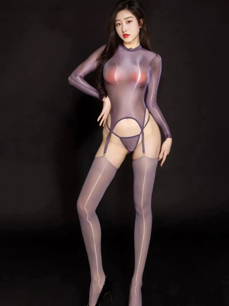 Image of Glossy Shiny Outfit Crotchless Long Sleeve Bodysuit Tights Hot Sexy Transparent Clubwear Lingerie Stocking Body Garter