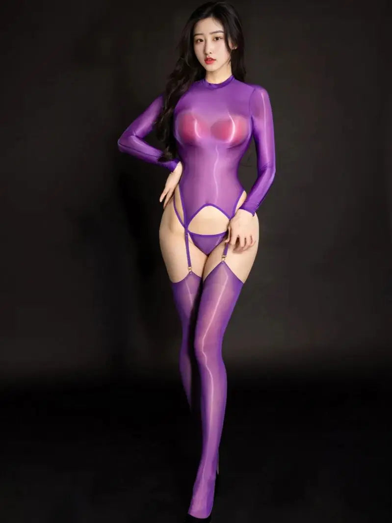 Image of Glossy Shiny Outfit Crotchless Long Sleeve Bodysuit Tights Hot Sexy Transparent Clubwear Lingerie Stocking Body Garter