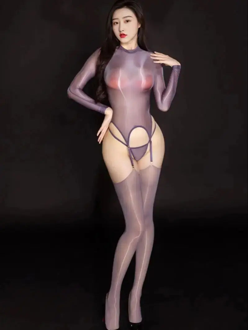 Glossy Shiny Outfit Crotchless Long Sleeve Bodysuit Tights Hot Sexy Transparent Clubwear Lingerie Stocking Body Garter
