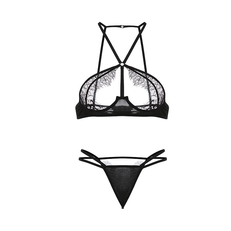 Guiruo brand erotic underwear sexy halterneck lace see-through temptation three-point plus size women’s uniform set