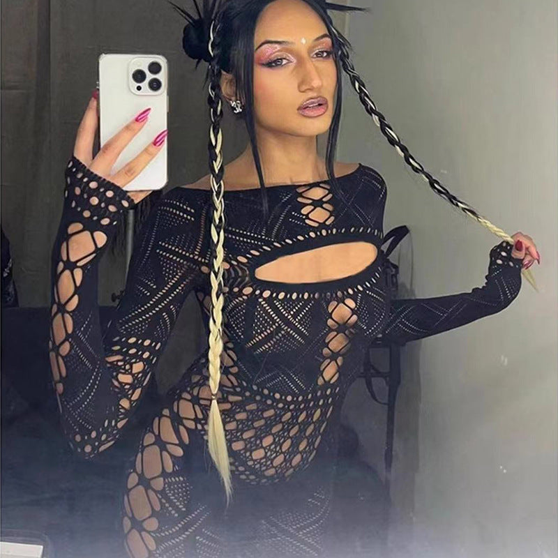 HD282 European and American cross-border new erotic hollow see-through net sexy high-stretch jumpsuit - Sexy lingerie