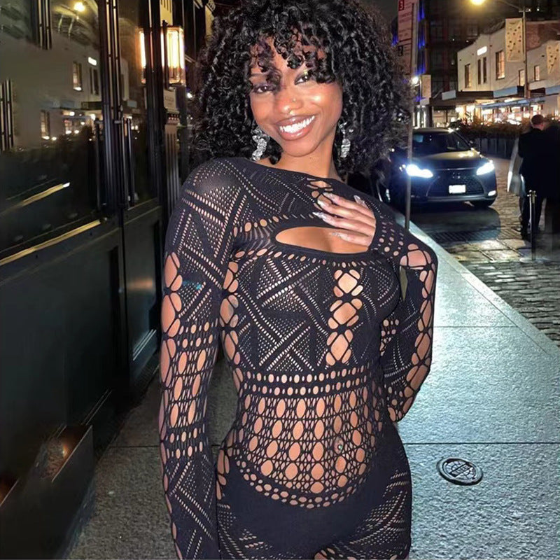 HD282 European and American cross-border new erotic hollow see-through net sexy high-stretch jumpsuit - Sexy lingerie