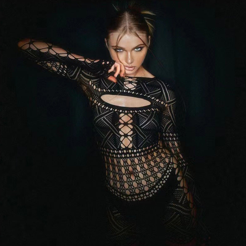 Image of HD282 European and American cross-border new erotic hollow see-through net sexy high-stretch jumpsuit - Sexy lingerie