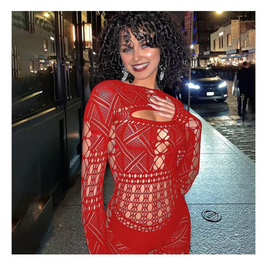 Image of HD282 European and American cross-border new erotic hollow see-through net sexy high-stretch jumpsuit - red / Free size