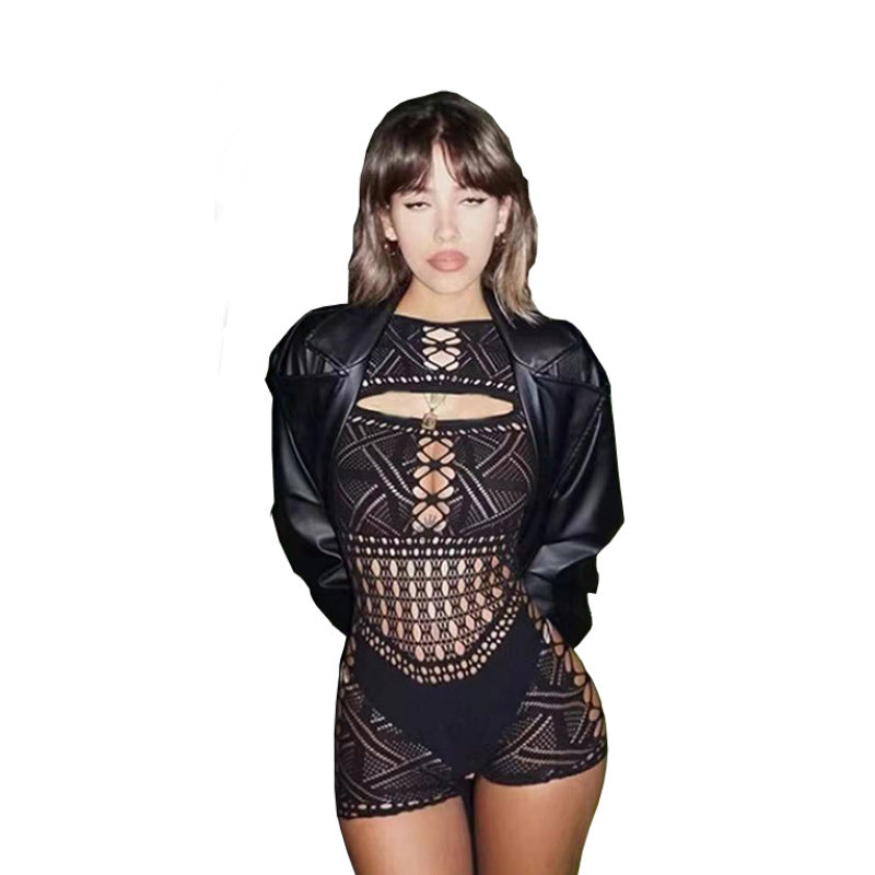 Image of HD282 European and American cross-border new erotic hollow see-through net sexy high-stretch jumpsuit - Sexy lingerie