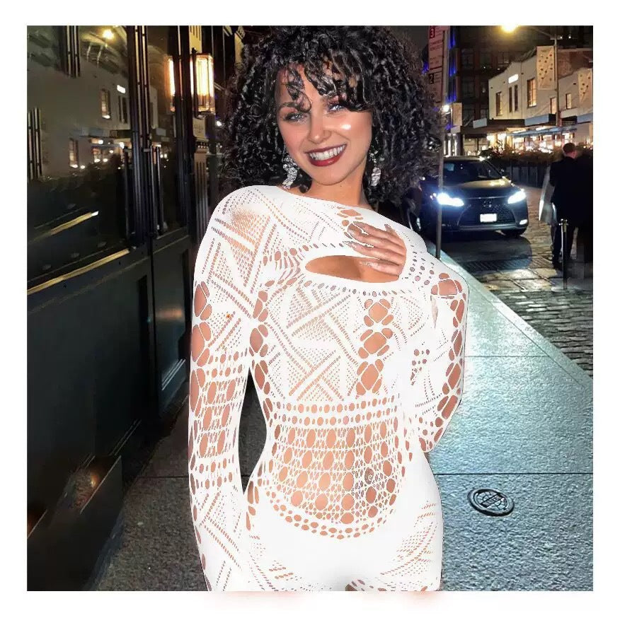 HD282 European and American cross-border new erotic hollow see-through net sexy high-stretch jumpsuit - white / Free