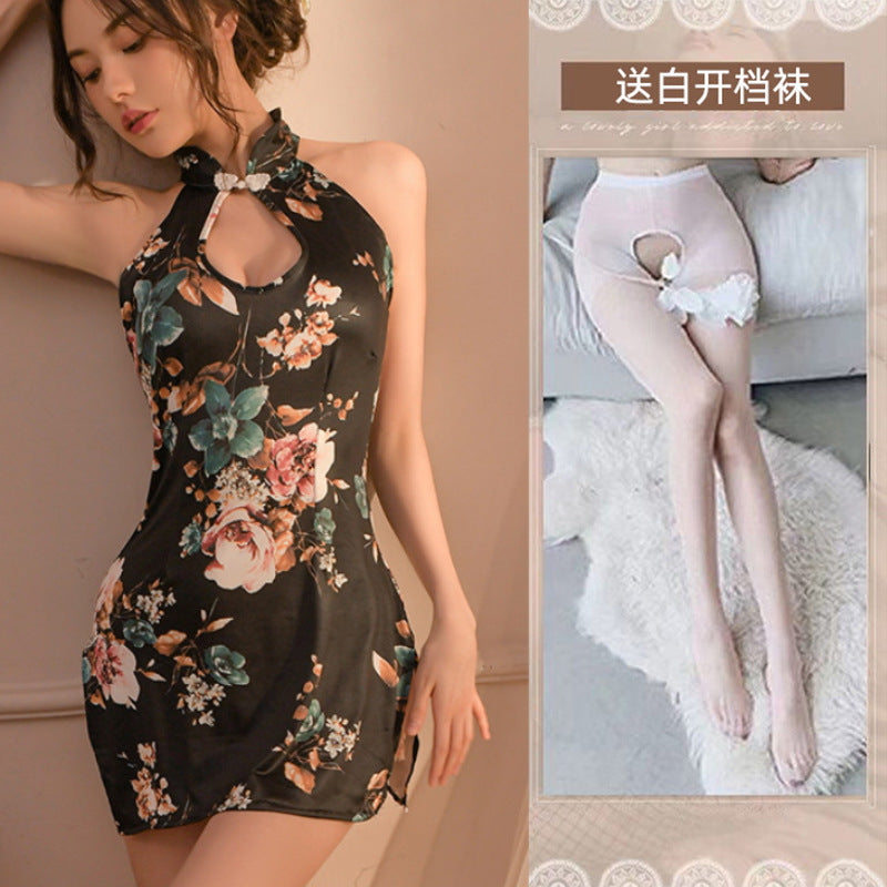 Image of High Quality Plus Size Sexy Pajamas Women’s Hip Wrapping Cheongsam Erotic Underwear Hollow Print Cheongsam Sleeveless