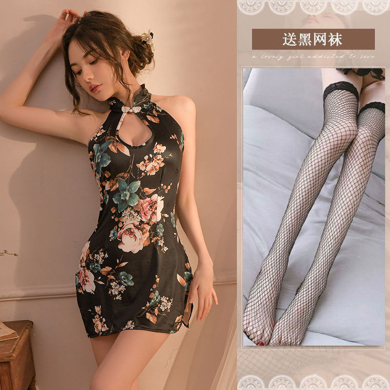 High Quality Plus Size Sexy Pajamas Women’s Hip Wrapping Cheongsam Erotic Underwear Hollow Print Cheongsam Sleeveless