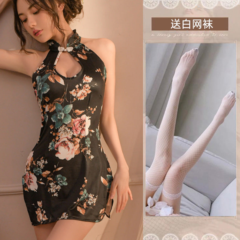 Image of High Quality Plus Size Sexy Pajamas Women’s Hip Wrapping Cheongsam Erotic Underwear Hollow Print Cheongsam Sleeveless