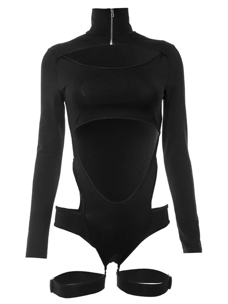 Image of Hollow Out Bodysuit Long Sleeve Lingerie Sexy Body Feminino Zipper Collar One-pieces Black Tops Women Y2k Clothes Rave