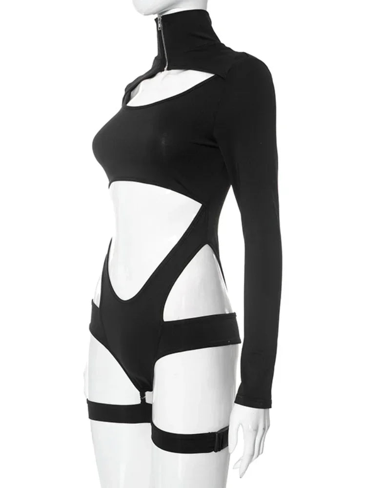 Image of Hollow Out Bodysuit Long Sleeve Lingerie Sexy Body Feminino Zipper Collar One-pieces Black Tops Women Y2k Clothes Rave