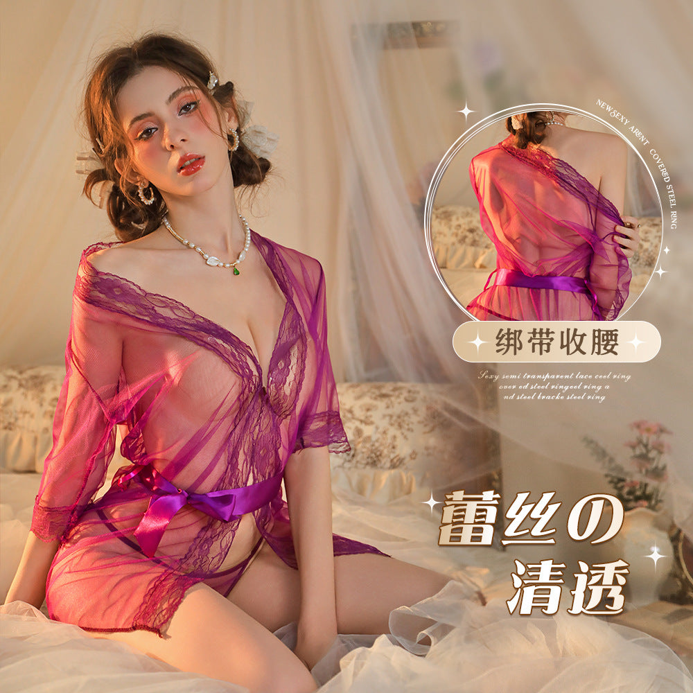 Image of Hongzhi Flat Sheer Tulle Temptation Dressing Gown Lace Sexy Pajamas Shawl Mesh Bathrobe Uniform Set - Sexy lingerie