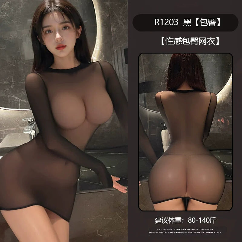 Image of I play erotic underwear open the crotch no need to take off sexy black silk jumpsuits sexy tearable underwear tempting