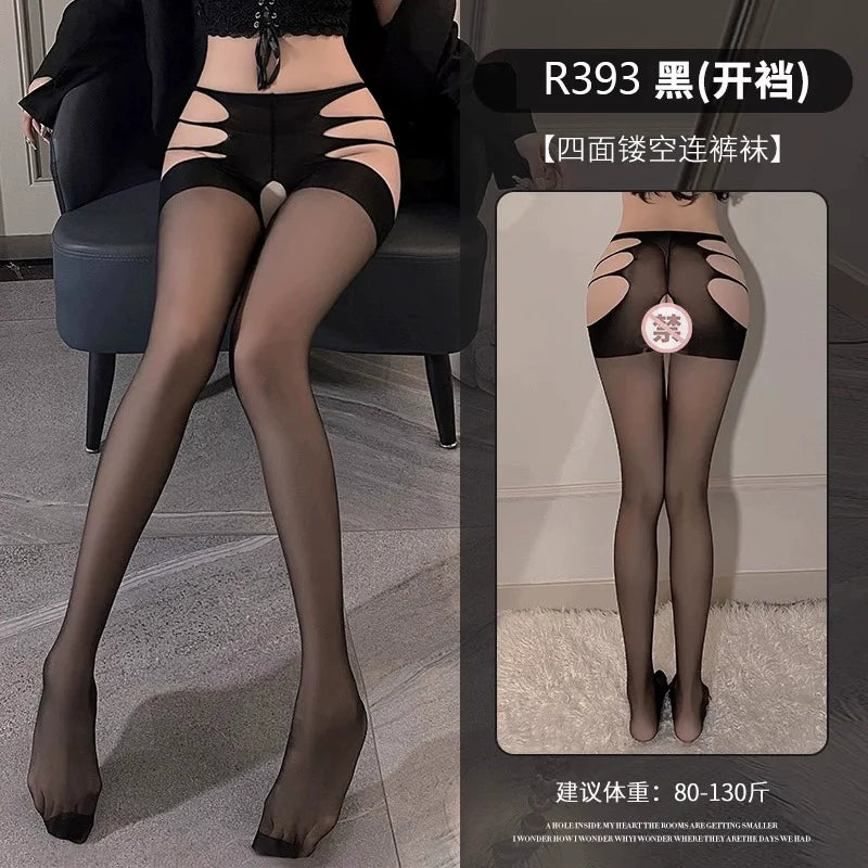 Image of I play erotic underwear open the crotch no need to take off sexy black silk jumpsuits sexy tearable underwear tempting