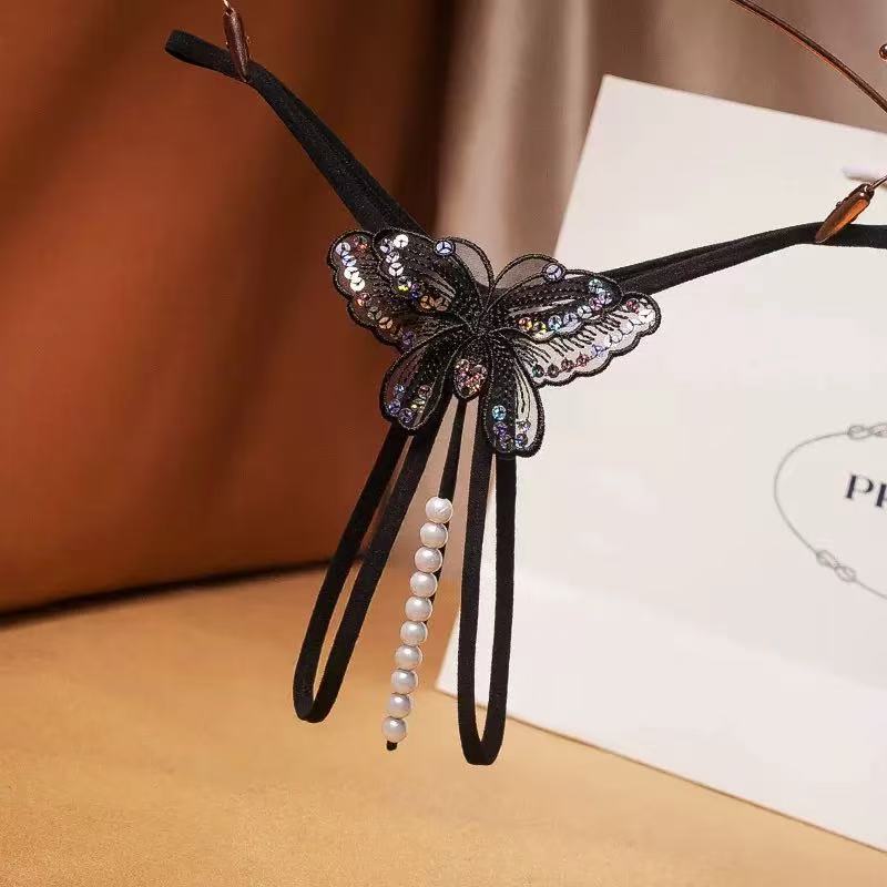 Jade clam with beads butterfly sequins thong massage opening sexy temptation female one thread beaded T-back - black