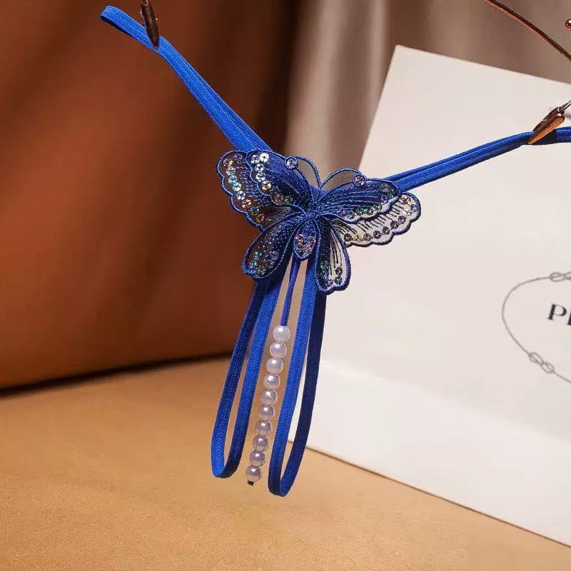 Image of Jade clam with beads butterfly sequins thong massage opening sexy temptation female one thread beaded T-back - blue / M