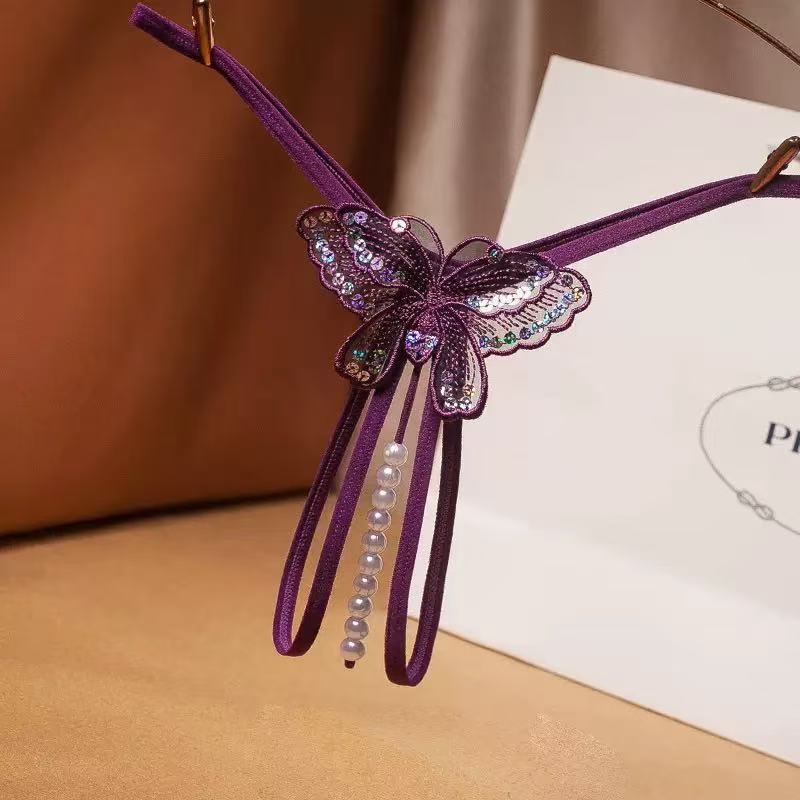 Jade clam with beads butterfly sequins thong massage opening sexy temptation female one thread beaded T-back - Fuchsia