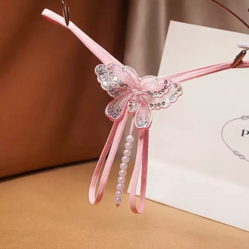 Image of Jade clam with beads butterfly sequins thong massage opening sexy temptation female one thread beaded T-back - Pink / M