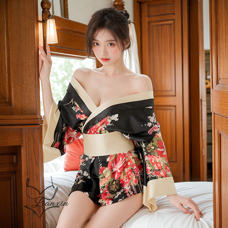 Japanese Floral Kimono Robe Set - Premium Nylon Collection - Black A / Free Size / Nylon - Sexy lingerie