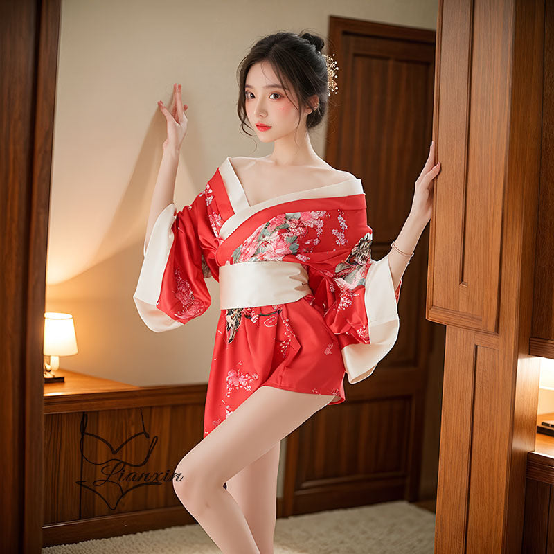 Image of Japanese Floral Kimono Robe Set - Premium Nylon Collection - Sexy lingerie