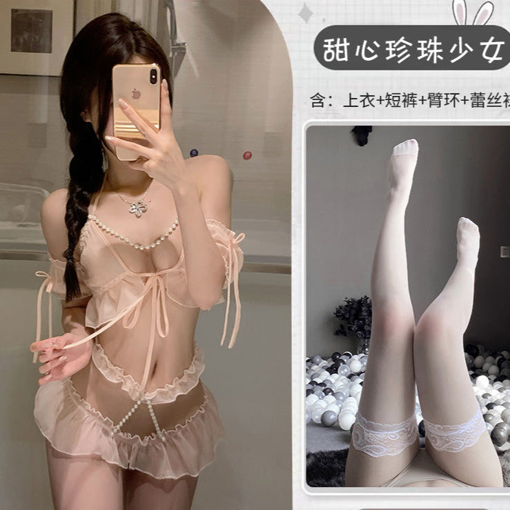 Lianyungang is not wrong the night erotic underwear sexy pajamas pure desire style uniform qqny pearl clothes set
