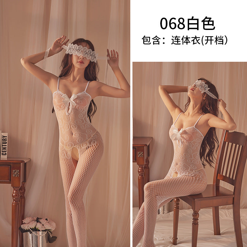 Love Night Pavilion Erotic Lingerie Women’s Suspenders Cutout See-Through Temptation Sexy Open Jumpsuit Stockings