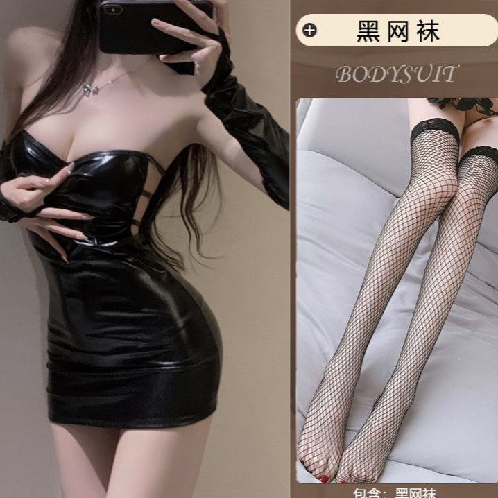 Man lust erotic lingerie sexy leather skirt uniform temptation even buttocks body clothes female hot opening passion
