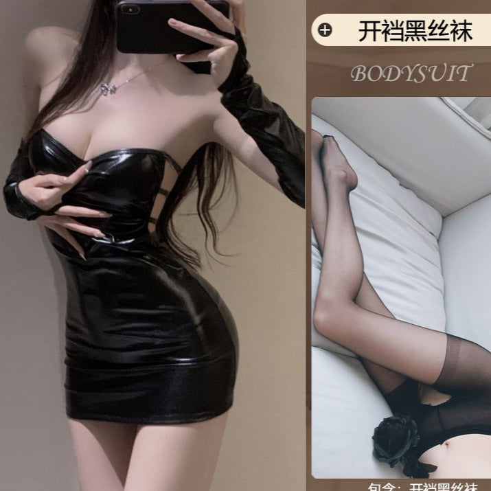 Man lust erotic lingerie sexy leather skirt uniform temptation even buttocks body clothes female hot opening passion