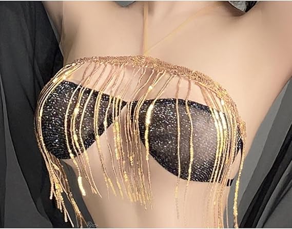 Man smoke antique style underwear sexy exotic dancing girl tassel sequined slit tie skirt uniform set 9971 - Black [bra