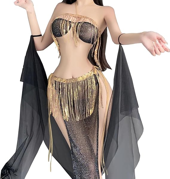 Image of Man smoke antique style underwear sexy exotic dancing girl tassel sequined slit tie skirt uniform set 9971 - Black [bra