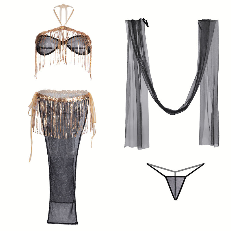 Image of Man smoke antique style underwear sexy exotic dancing girl tassel sequined slit tie skirt uniform set 9971 - Black [bra