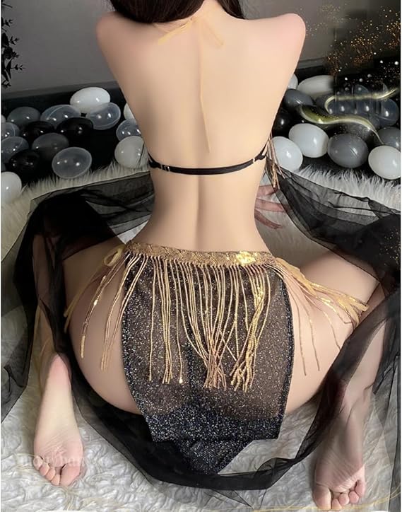 Image of Man smoke antique style underwear sexy exotic dancing girl tassel sequined slit tie skirt uniform set 9971 - Black [bra