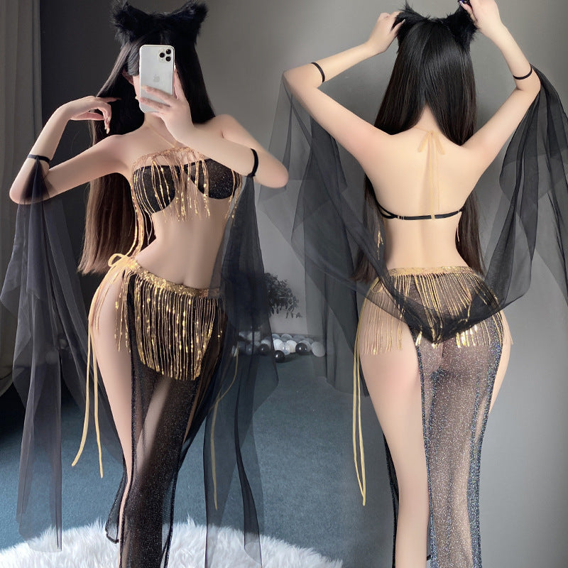 Man smoke antique style underwear sexy exotic dancing girl tassel sequined slit tie skirt uniform set 9971 - Black [bra