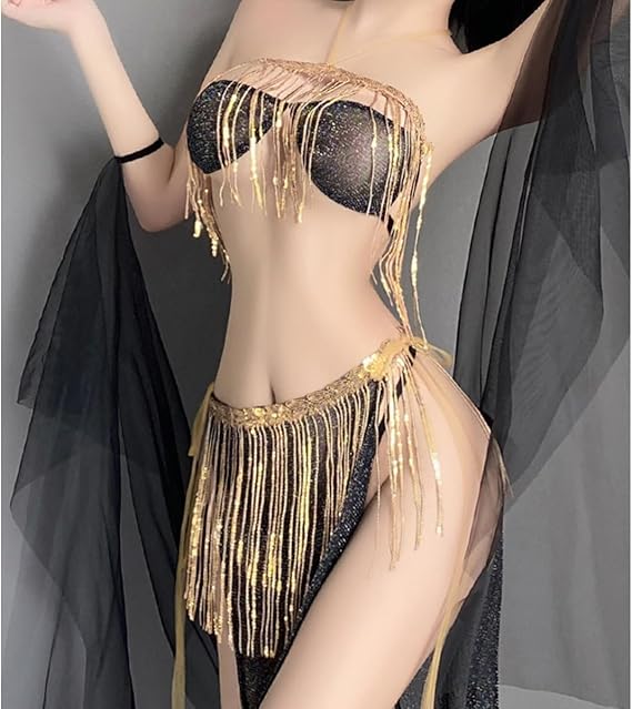 Man smoke antique style underwear sexy exotic dancing girl tassel sequined slit tie skirt uniform set 9971 - Black [bra