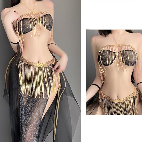 Image of Man smoke antique style underwear sexy exotic dancing girl tassel sequined slit tie skirt uniform set 9971 - Black [bra