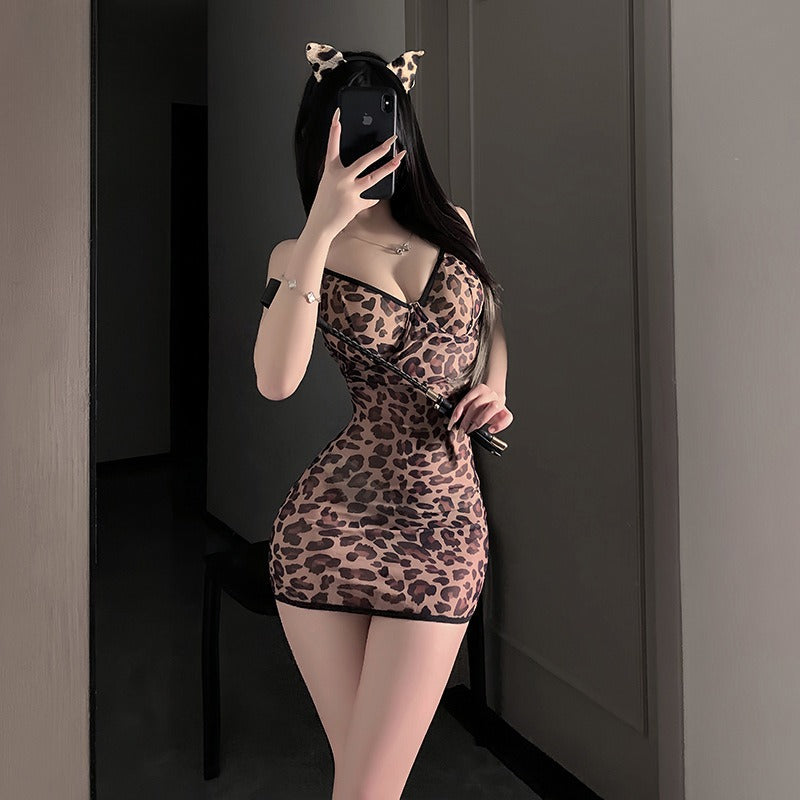 Manyu’s new leopard print sexual fun underwear sexy pajamas lace backless underwire gathering sundress 9348 - Sexy