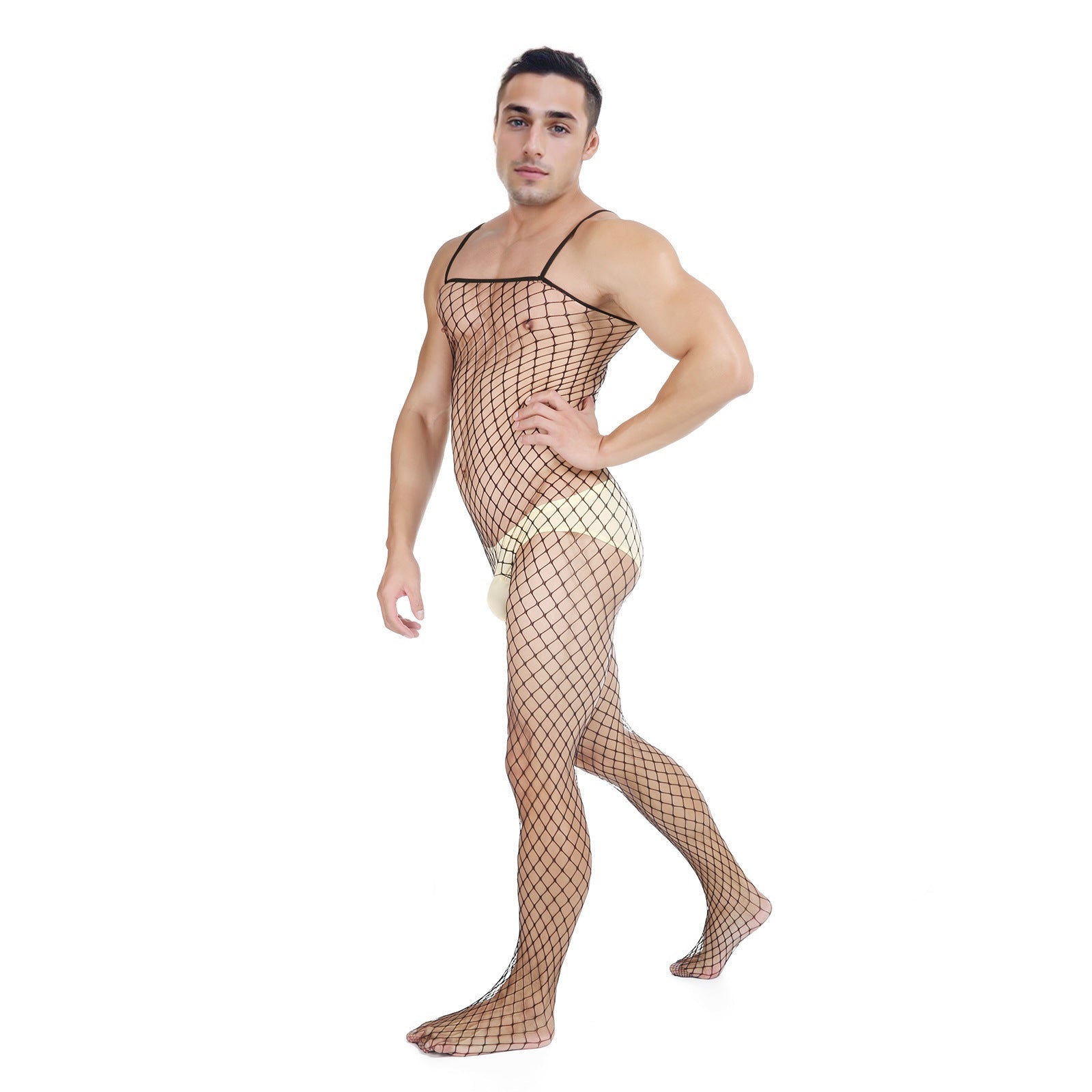 Image of Men’s fishnet one-piece underwear Japanese pseudo-girl sexy cut-out suspender one-piece tight mesh tights tight