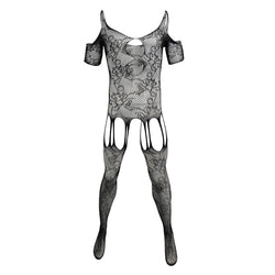 Image of Men’s fishnet one-piece underwear Japanese pseudo-girl sexy cut-out suspender one-piece tight mesh tights tight