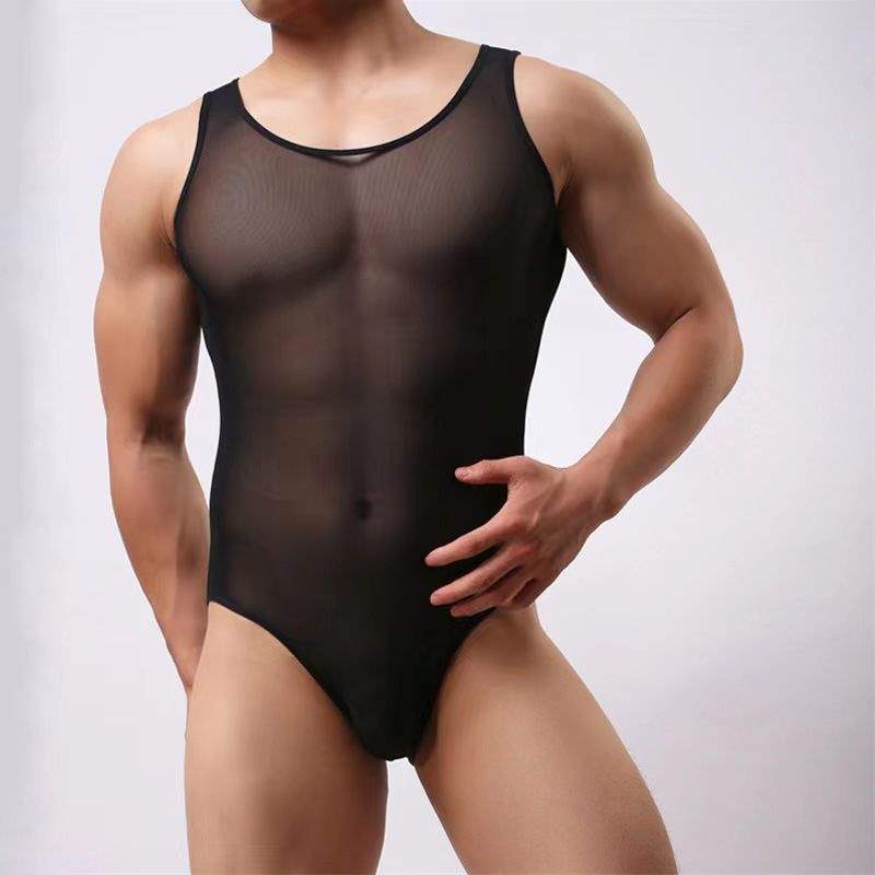 Image of Men’s sexy bodysuit shaping mesh summer cool GAY youth stretch jumpsuit breathable fitness underwear - black / S 90-100