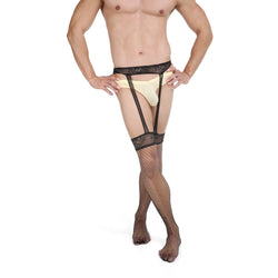 Image of Men’s sexy stockings one-piece suspender lace fishnet stockings pseudo-girl sexy temptation opening buttocks pantyhose