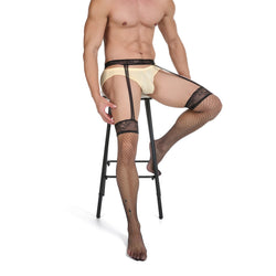 Image of Men’s sexy stockings one-piece suspender lace fishnet stockings pseudo-girl sexy temptation opening buttocks pantyhose