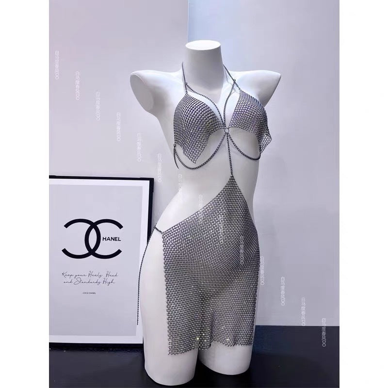 Image of Mermaid sexual emotional lingerie sundress translucent shining metal chain dress nightclub outfit one drop-hair - Sexy