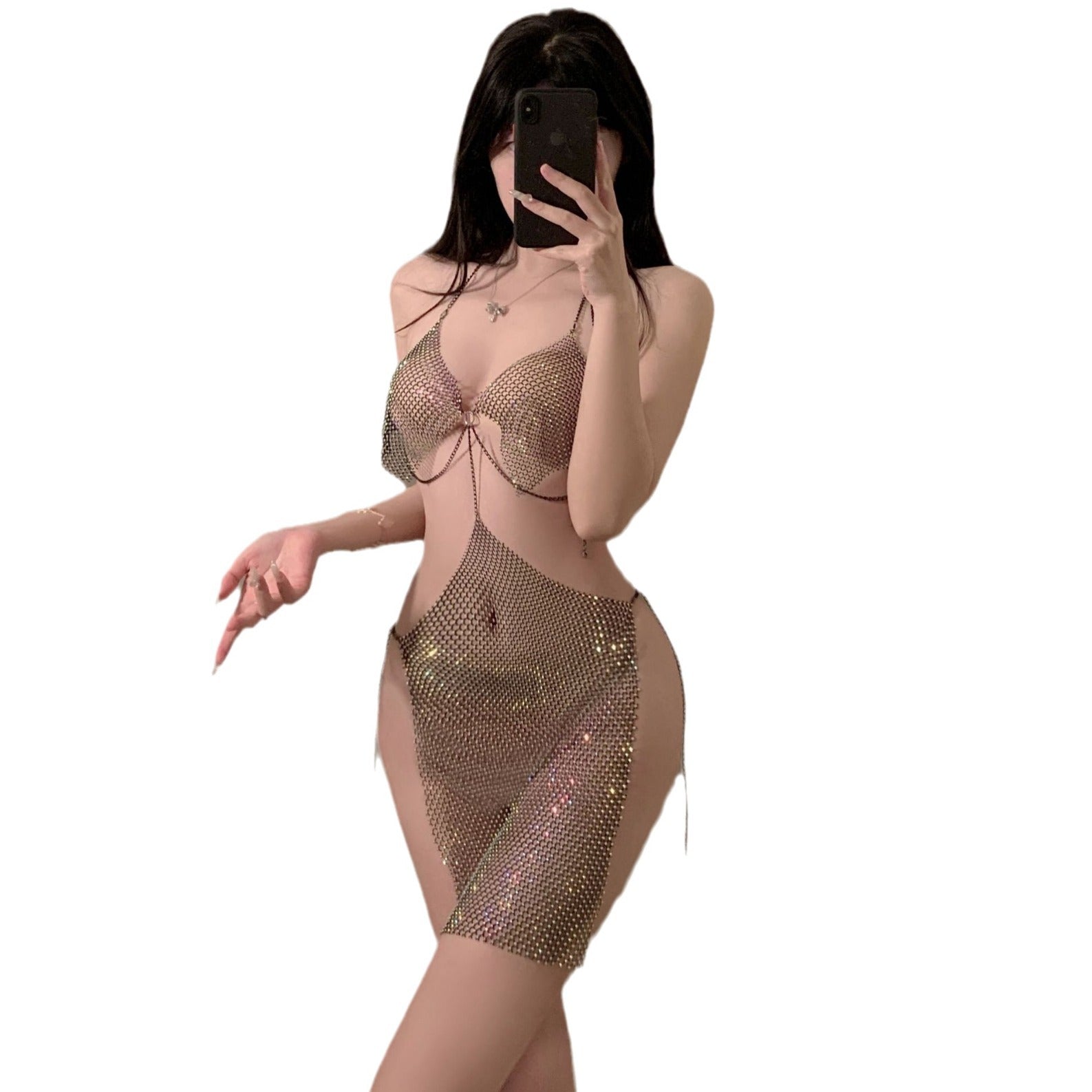Mermaid sexual emotional lingerie sundress translucent shining metal chain dress nightclub outfit one drop-hair - Sexy
