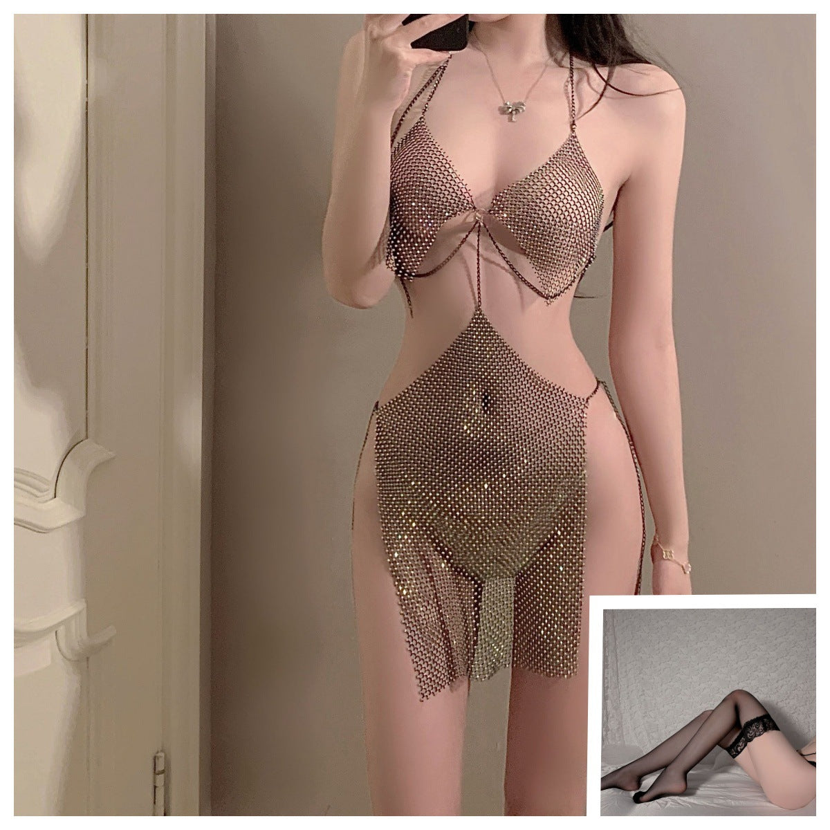 Mermaid sexual emotional lingerie sundress translucent shining metal chain dress nightclub outfit one drop-hair - Set