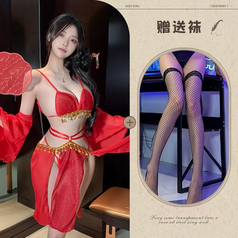 Image of Mo Jose Shi beauty sexy full set of straps retro super fairy belly pocket lace exotic chiffon Hanfu dress cover - Red