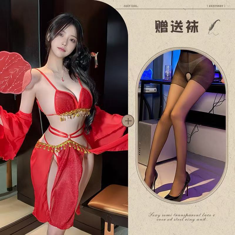 Mo Jose Shi beauty sexy full set of straps retro super fairy belly pocket lace exotic chiffon Hanfu dress cover - Red